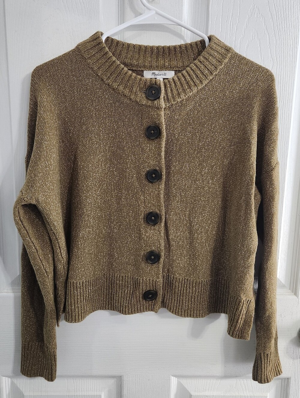 Madewell green cotton chunky button front cardigan sweater teacher cozycore SM